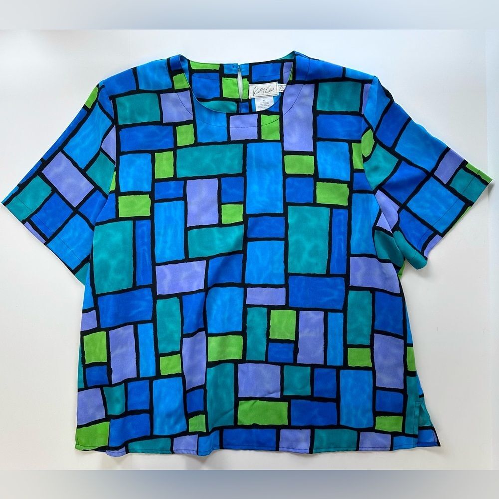 Vintage 1990s Abstract Geometric Blue Green Short Sleeve Kathy Che Silky Top XL